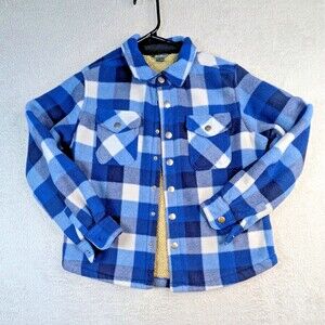 Eddie Bauer Kids Plaid Fleece Jacket Sherpa Lined Blue Snap Front Shacket Size 8